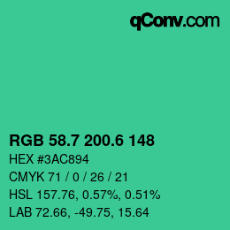 カラーコード: RGB 58.7 200.6 148 | qconv.com