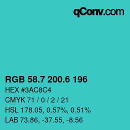 カラーコード: RGB 58.7 200.6 196 | qconv.com