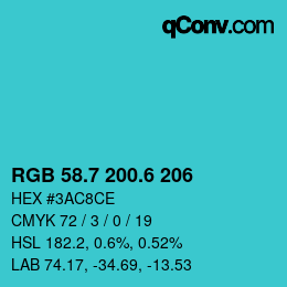 カラーコード: RGB 58.7 200.6 206 | qconv.com