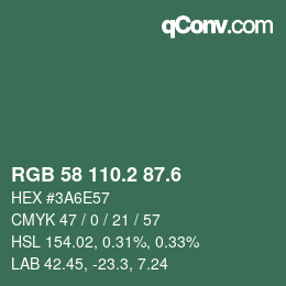 カラーコード: RGB 58 110.2 87.6 | qconv.com