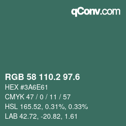 カラーコード: RGB 58 110.2 97.6 | qconv.com