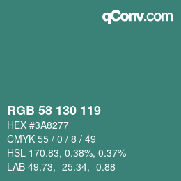 颜色代码: RGB 58 130 119 | qconv.com
