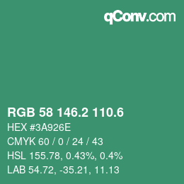 カラーコード: RGB 58 146.2 110.6 | qconv.com
