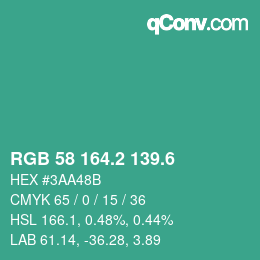 カラーコード: RGB 58 164.2 139.6 | qconv.com