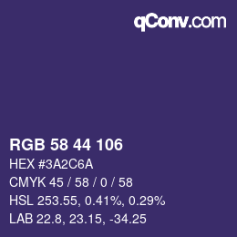 Color code: RGB 58 44 106 | qconv.com