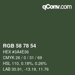 Color code: RGB 58 78 54 | qconv.com