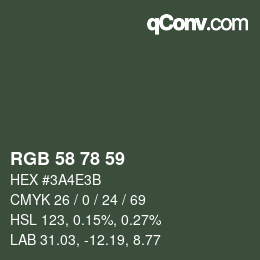 Color code: RGB 58 78 59 | qconv.com