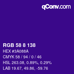 Color code: RGB 58 8 138 | qconv.com