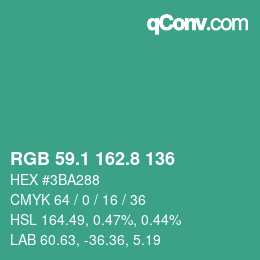 カラーコード: RGB 59.1 162.8 136 | qconv.com