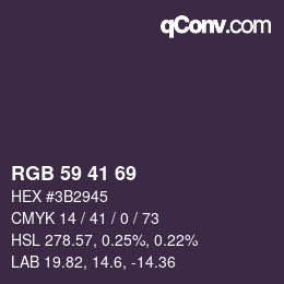 Color code: RGB 59 41 69 | qconv.com