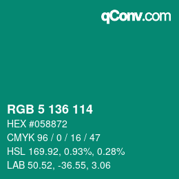 Color code: RGB 5 136 114 | qconv.com