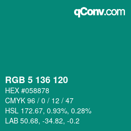 カラーコード: RGB 5 136 120 | qconv.com