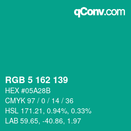 Color code: RGB 5 162 139 | qconv.com