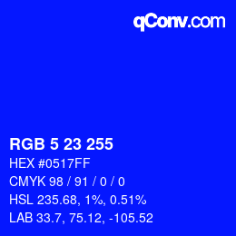Color code: RGB 5 23 255 | qconv.com