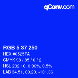 Color code: RGB 5 37 250 | qconv.com