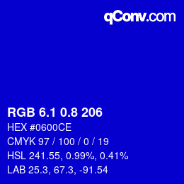 颜色代码: RGB 6.1 0.8 206 | qconv.com