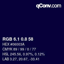 Color code: RGB 6.1 0.8 58 | qconv.com