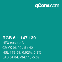 カラーコード: RGB 6.1 147 139 | qconv.com