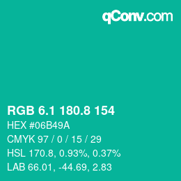 カラーコード: RGB 6.1 180.8 154 | qconv.com