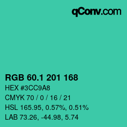 カラーコード: RGB 60.1 201 168 | qconv.com