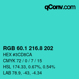 カラーコード: RGB 60.1 216.8 202 | qconv.com