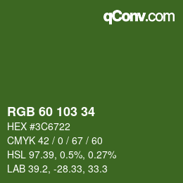 Color code: RGB 60 103 34 | qconv.com