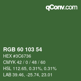 Color code: RGB 60 103 54 | qconv.com