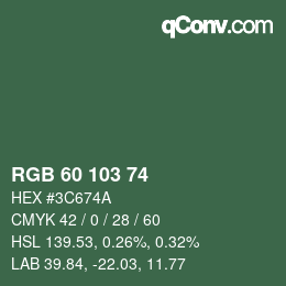 Color code: RGB 60 103 74 | qconv.com