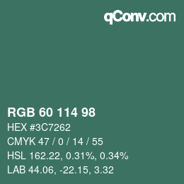 Color code: RGB 60 114 98 | qconv.com