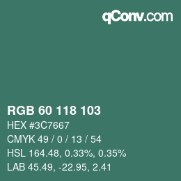 カラーコード: RGB 60 118 103 | qconv.com