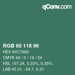 カラーコード: RGB 60 118 96 | qconv.com
