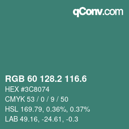 カラーコード: RGB 60 128.2 116.6 | qconv.com