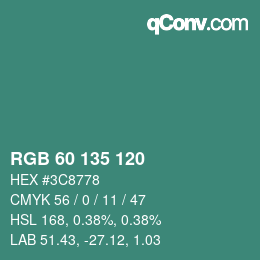 颜色代码: RGB 60 135 120 | qconv.com