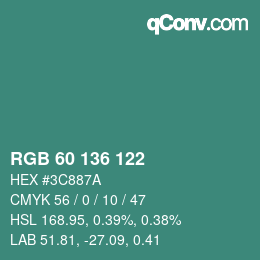 カラーコード: RGB 60 136 122 | qconv.com
