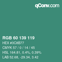 カラーコード: RGB 60 139 119 | qconv.com