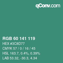 颜色代码: RGB 60 141 119 | qconv.com