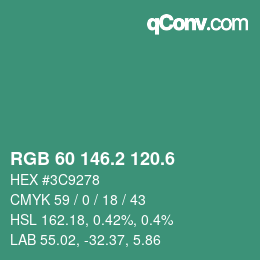 カラーコード: RGB 60 146.2 120.6 | qconv.com