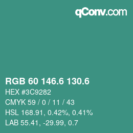 カラーコード: RGB 60 146.6 130.6 | qconv.com