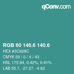 カラーコード: RGB 60 146.6 140.6 | qconv.com