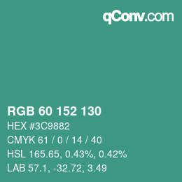 颜色代码: RGB 60 152 130 | qconv.com