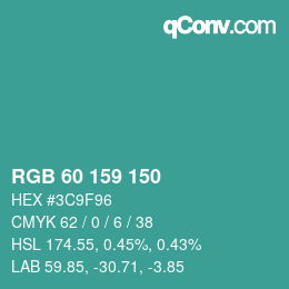 颜色代码: RGB 60 159 150 | qconv.com