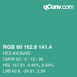 カラーコード: RGB 60 162.8 141.4 | qconv.com