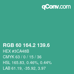 カラーコード: RGB 60 164.2 139.6 | qconv.com