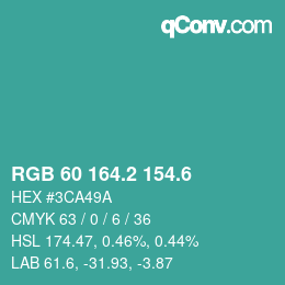 カラーコード: RGB 60 164.2 154.6 | qconv.com