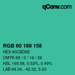 カラーコード: RGB 60 189 158 | qconv.com