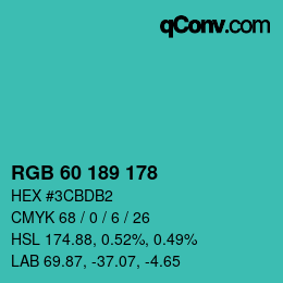 カラーコード: RGB 60 189 178 | qconv.com