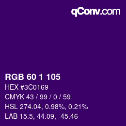 カラーコード: RGB 60 1 105 | qconv.com