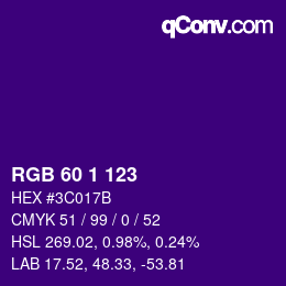 Color code: RGB 60 1 123 | qconv.com