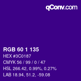 カラーコード: RGB 60 1 135 | qconv.com
