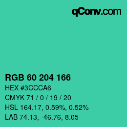 カラーコード: RGB 60 204 166 | qconv.com